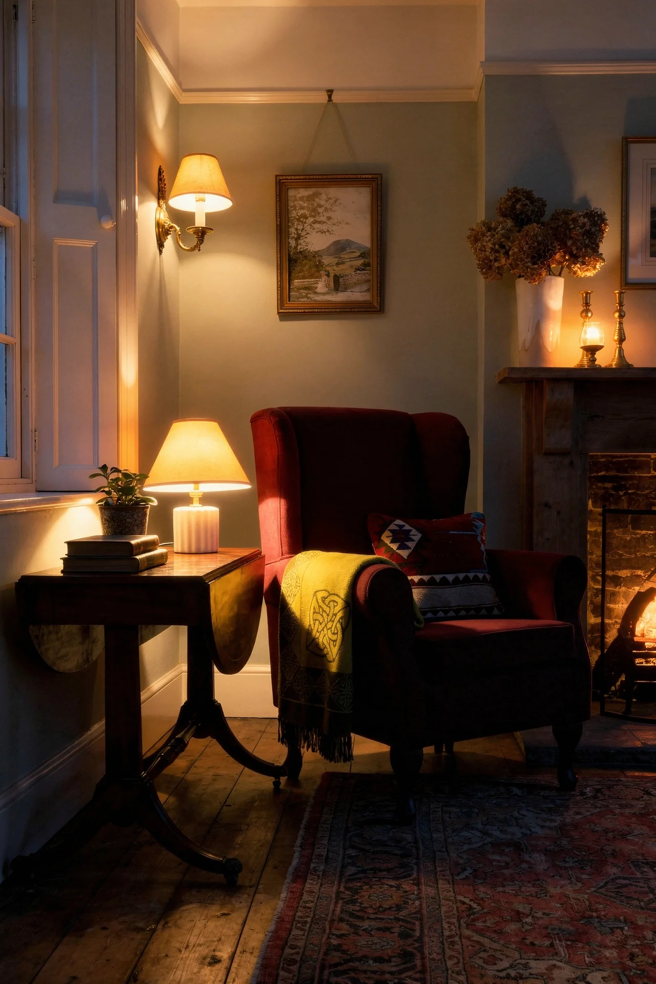 English Country Living Room fireplace anchor design scene evening mood