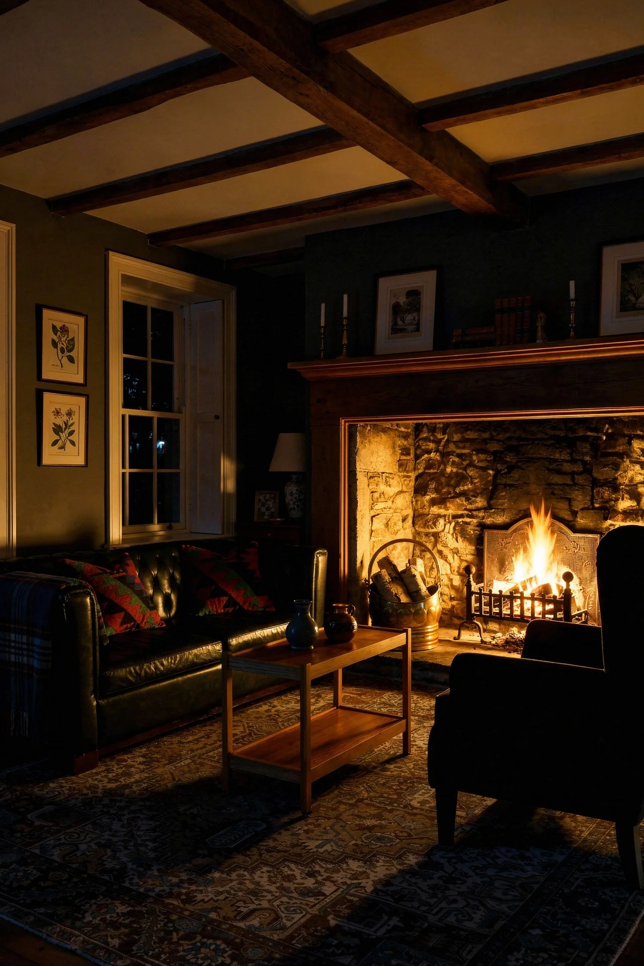 English Country Living Room fireplace anchor design scene evening mood