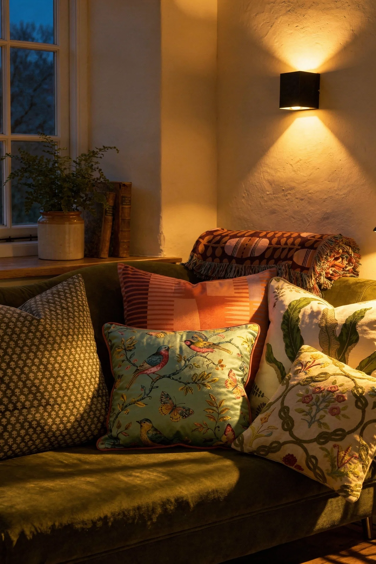 English Country Living Room hero fabric pattern mixing design scene evening mood