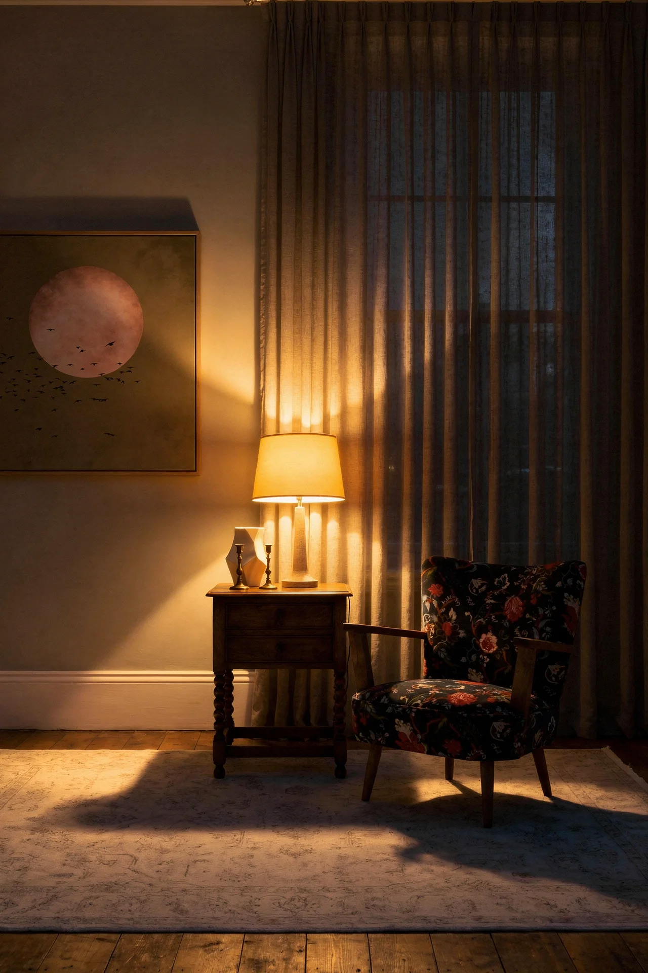 English Country Living Room hero fabric pattern mixing design scene evening mood