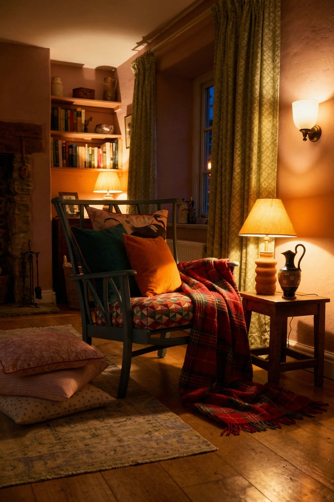 English Country Living Room hero fabric pattern mixing design scene evening mood