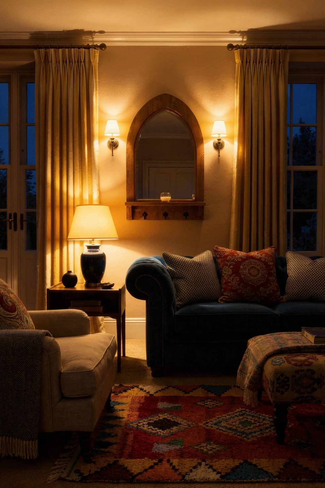 English Country Living Room hero fabric pattern mixing design scene evening mood