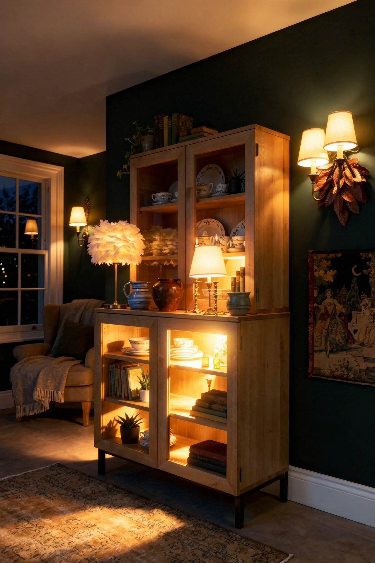 English Country Living Room mismatched furniture design scene evening mood