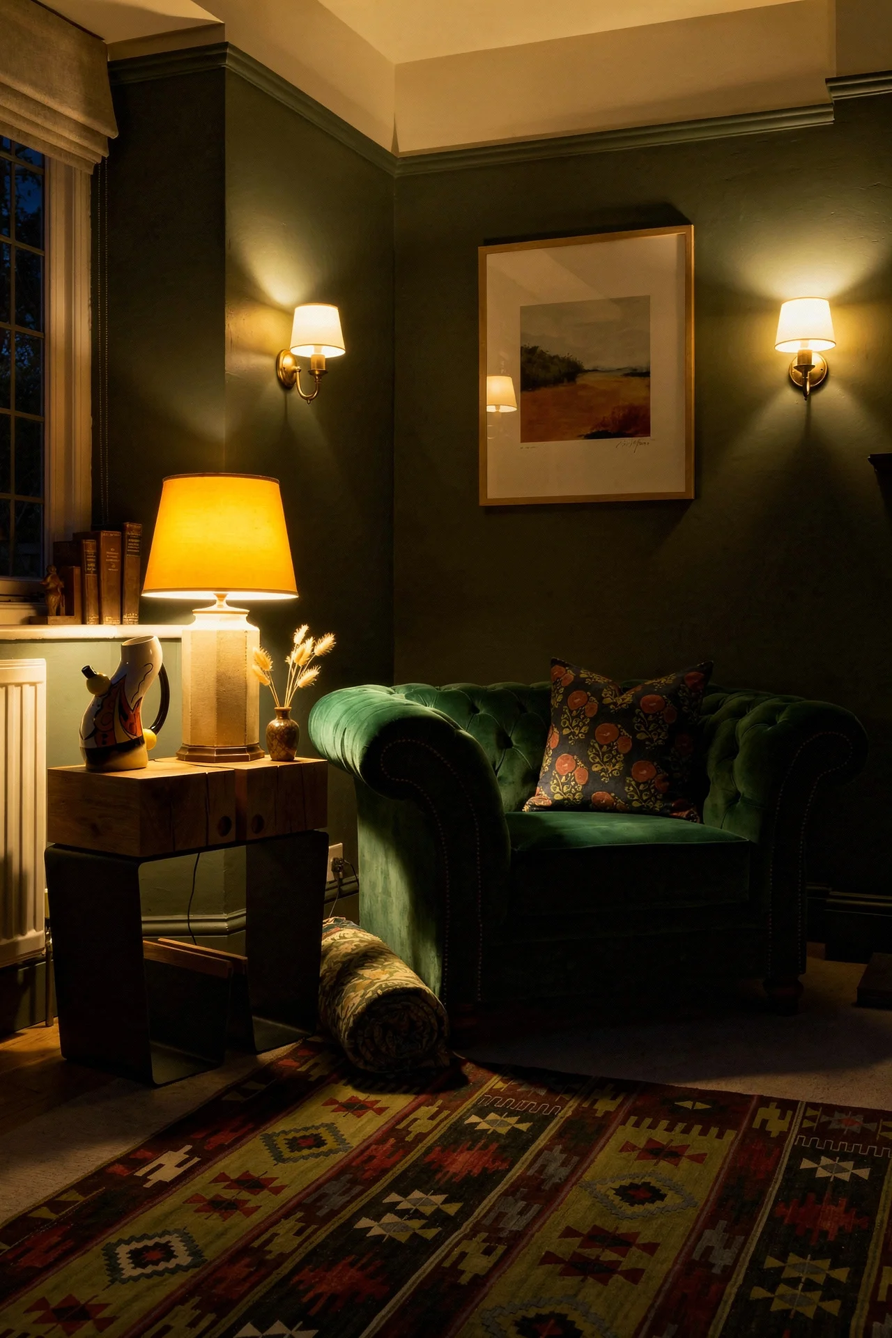 English Country Living Room mismatched furniture design scene evening mood
