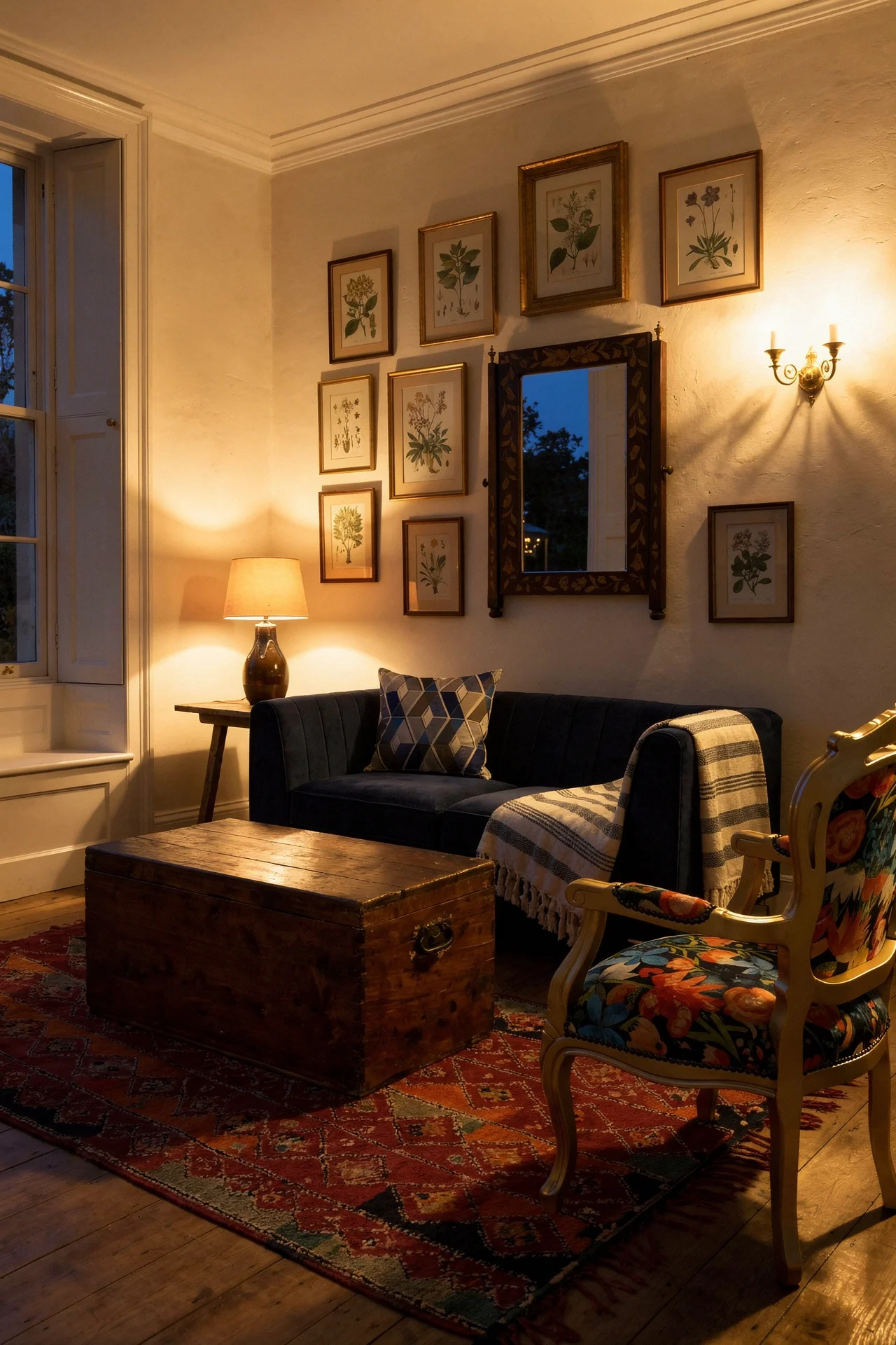 English Country Living Room mismatched furniture design scene evening mood