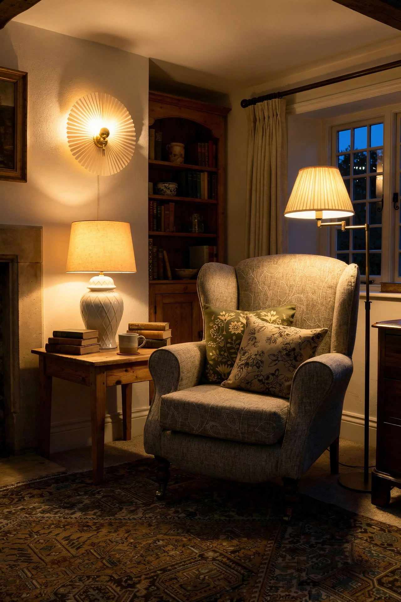 English Country Living Room cottage lighting design scene evening mood