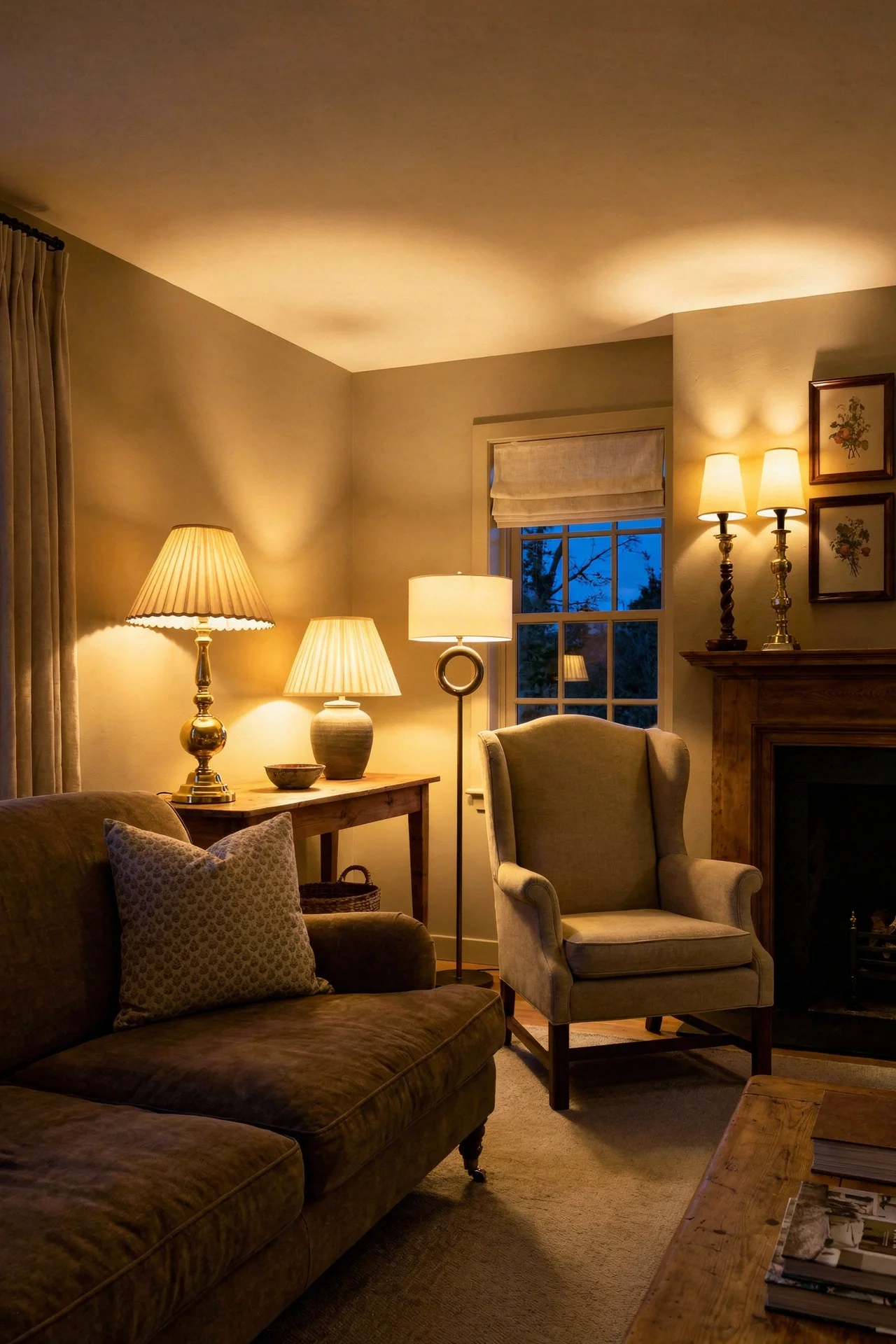 English Country Living Room cottage lighting design scene evening mood