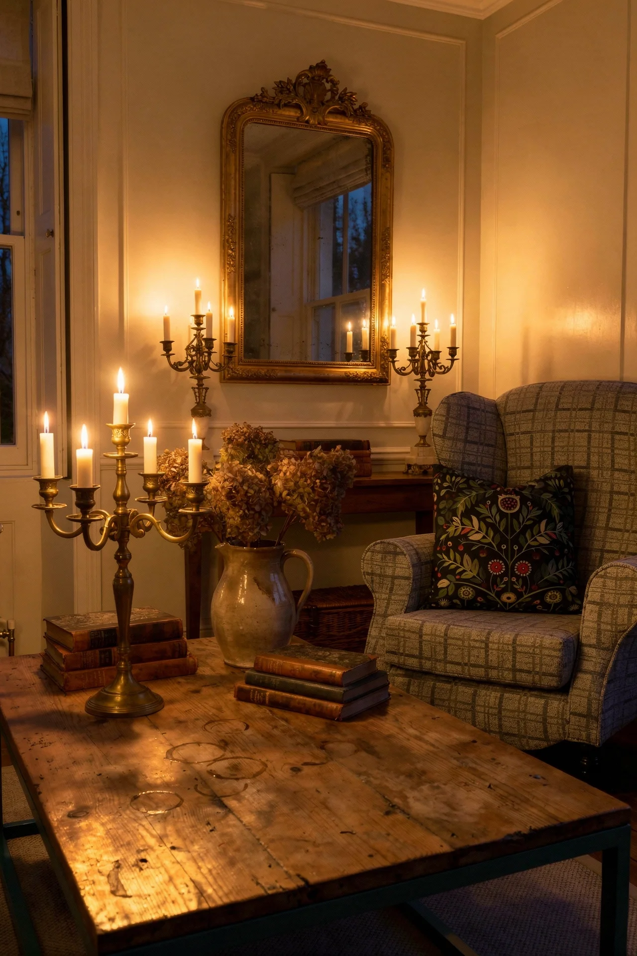 English Country Living Room patina imperfection design scene evening mood