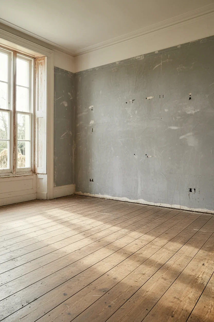 English Country Living Room patina imperfection design scene empty room
