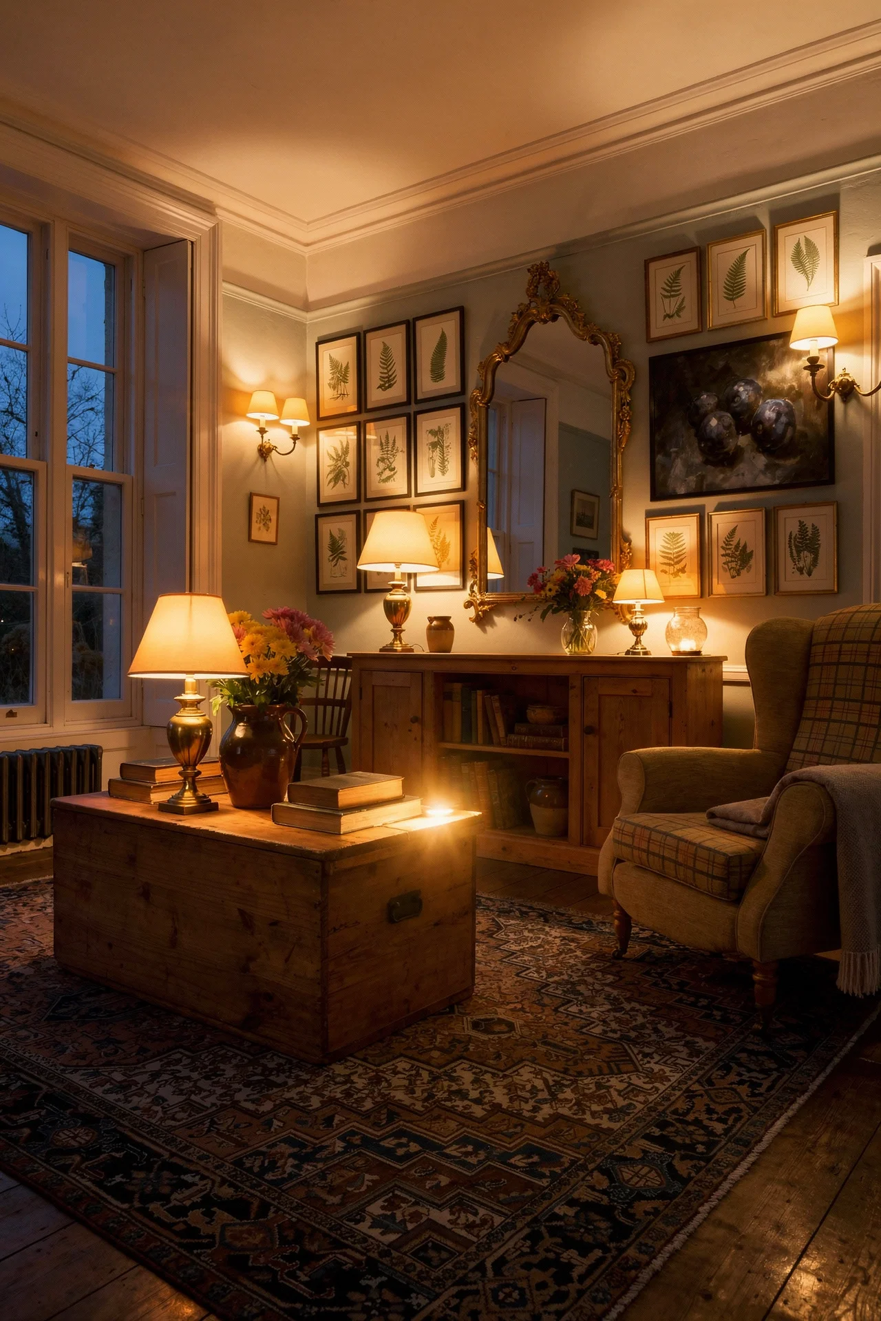 English Country Living Room patina imperfection design scene evening mood